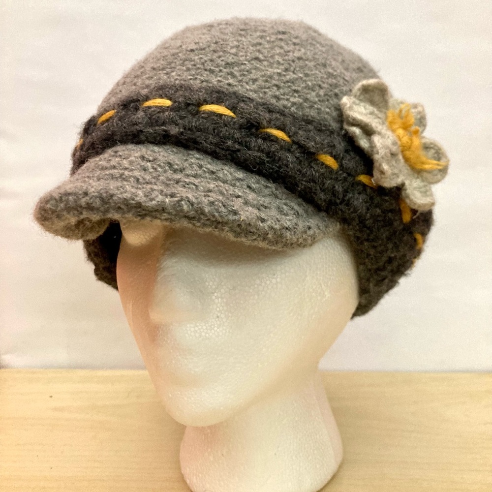 Anthropologie Field Flower Grey Lambswool Winter Hat With Yellow Stitching